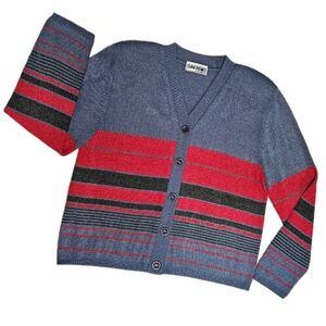 Vintage San Remo by Laura Knits Blue Red Striped Button Front Cardigan Sweater